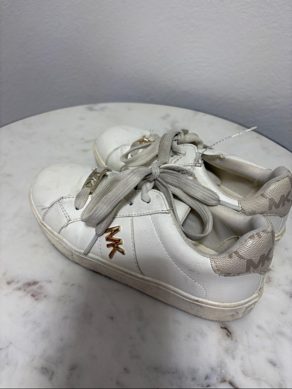 Michael Kors White & Taupe Kids Sneakers with Gold MK Accent - Picture 3 of 10